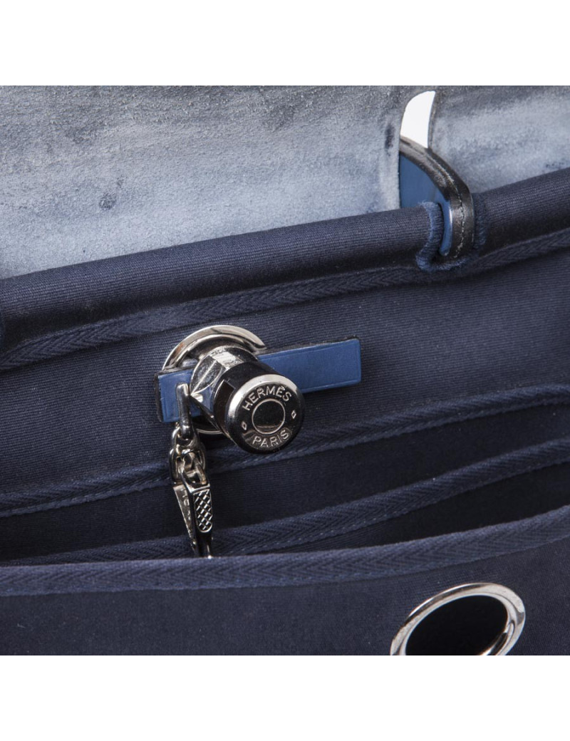 Sac Herbag HERMES en toile bleu nuit et naturel