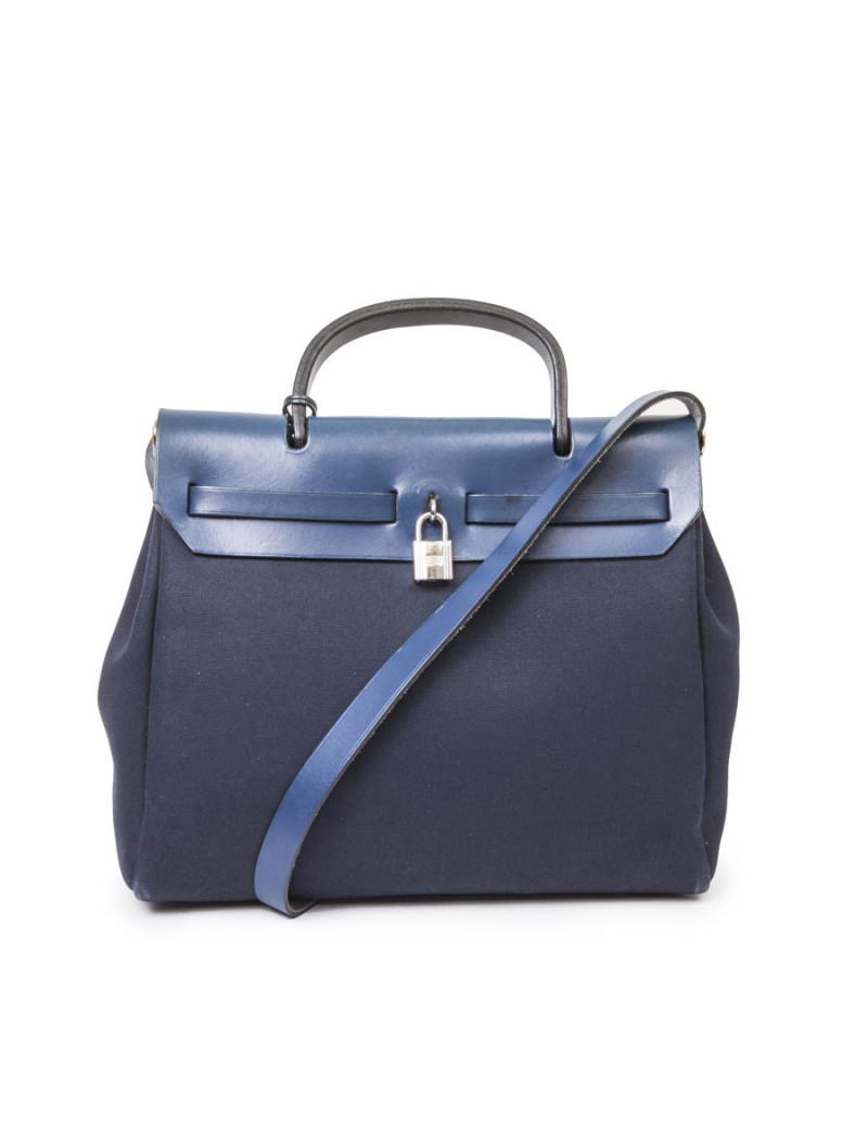 Sac Herbag HERMES  Toile bleu nuit et beige