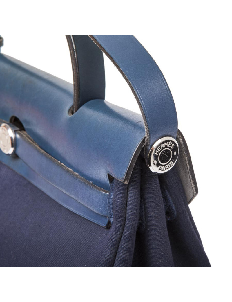 Sac Herbag HERMES en toile bleu nuit et naturel