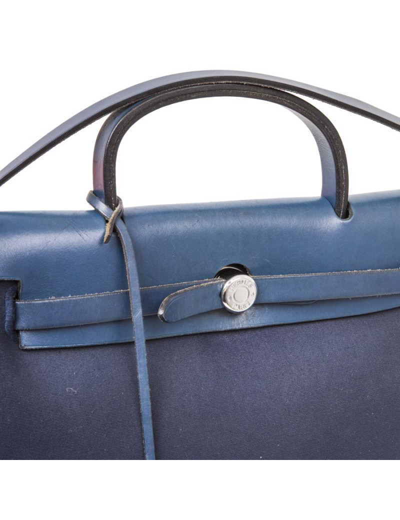 Sac Herbag HERMES en toile bleu nuit et naturel