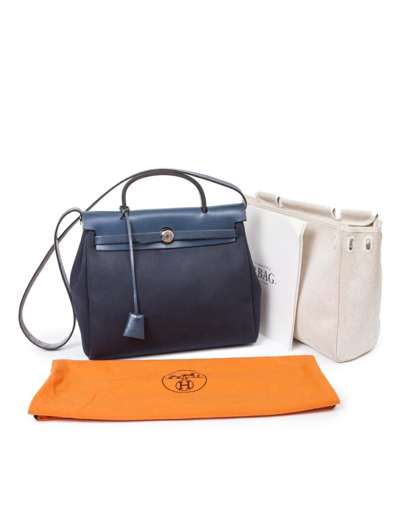 Sac Herbag HERMES en toile bleu nuit et naturel