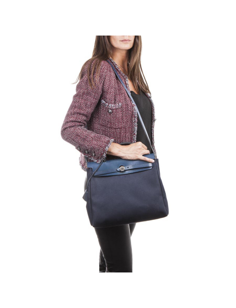 Sac Herbag HERMES en toile bleu nuit et naturel