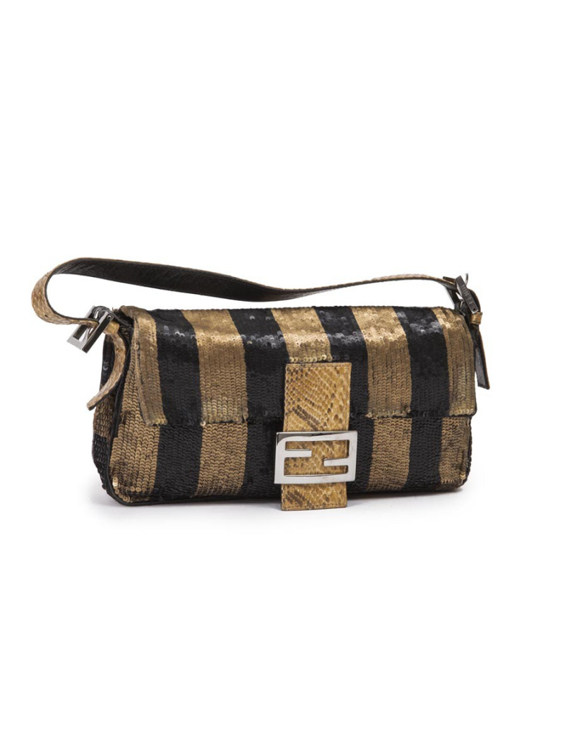 Sac FENDI baguette à sequins doré bronze et noir 