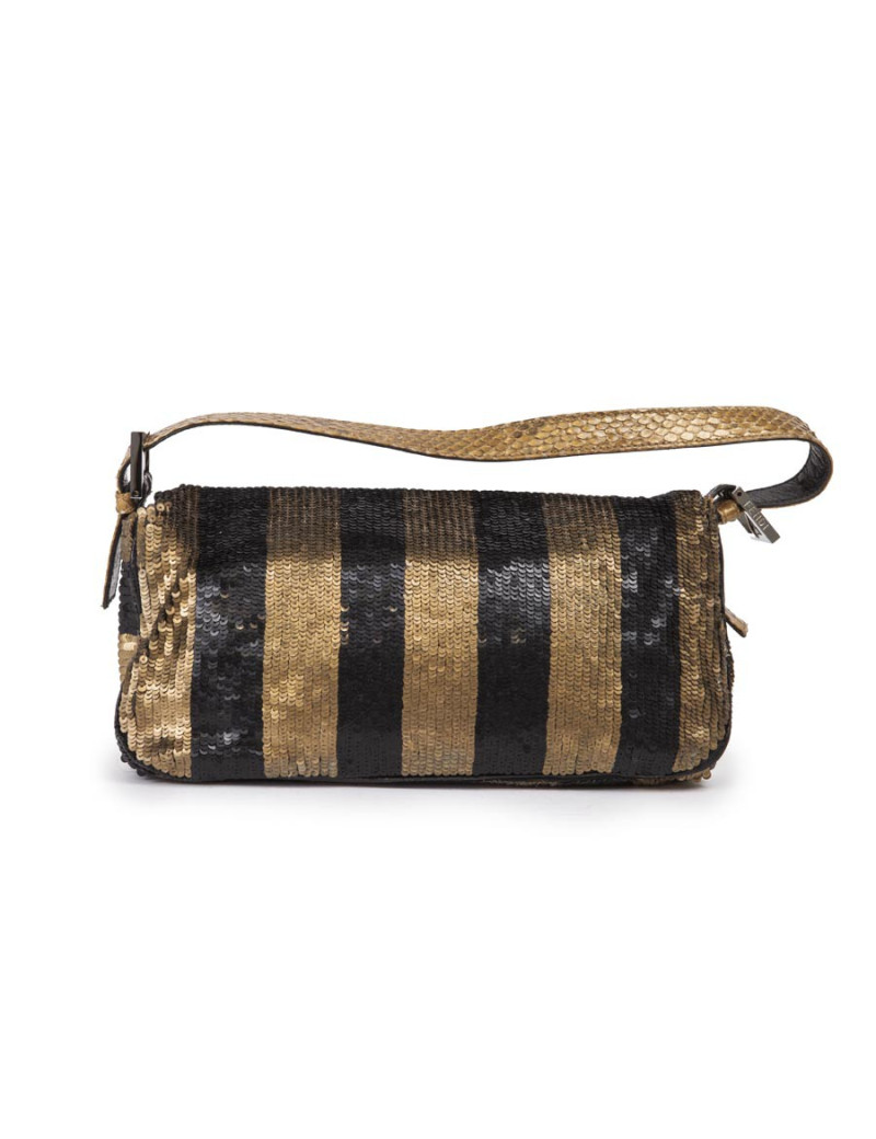 Sac FENDI baguette à sequins doré bronze et noir 