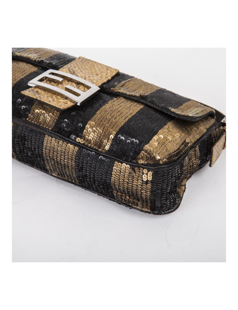 Sac FENDI baguette à sequins doré bronze et noir 