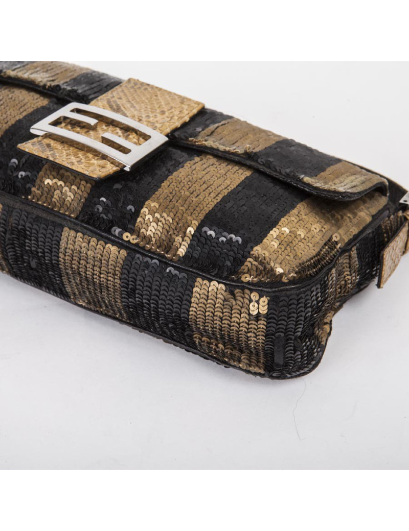 Sac FENDI baguette à sequins doré bronze et noir 