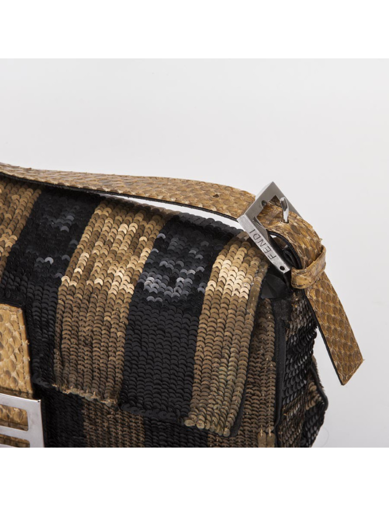 Sac FENDI baguette à sequins doré bronze et noir 