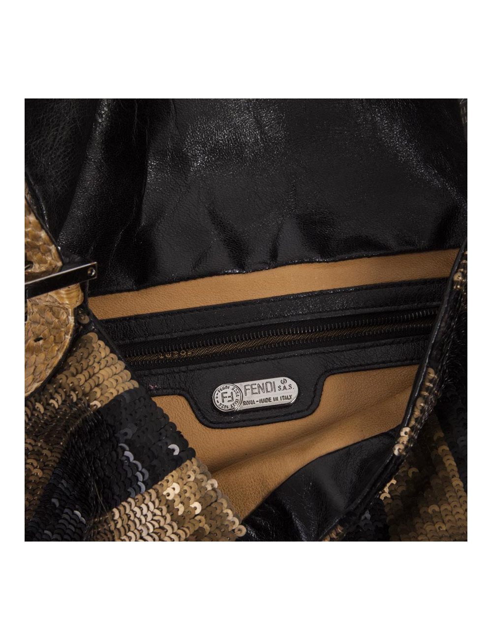Sac FENDI baguette à sequins doré bronze et noir 