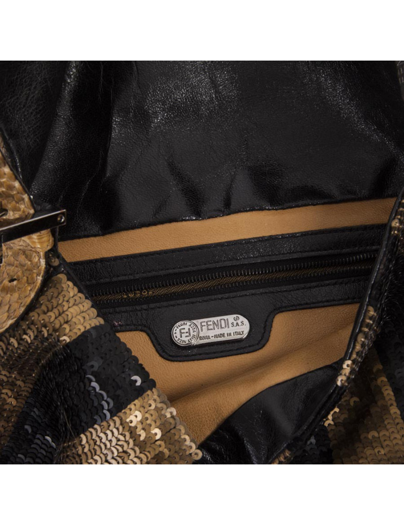 Sac FENDI baguette à sequins doré bronze et noir 