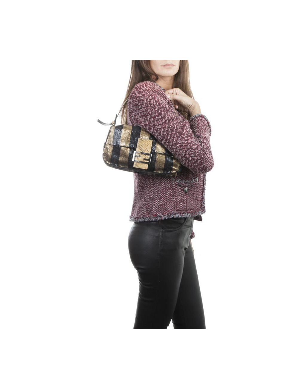 Sac FENDI baguette à sequins doré bronze et noir 