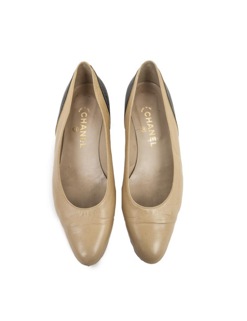 Ballérines CHANEL T 9 IT/ en cuir d'agneau noir matelassé bicolore