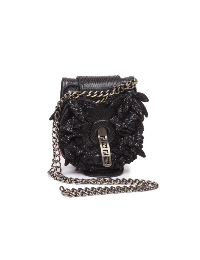 Mini sac FENDI en lézard et pétales brodées noires