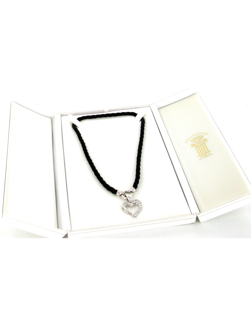 Ra de cou, cordon noir et cœur en or blanc serti de diamants