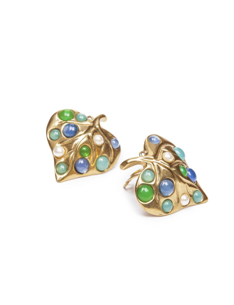 GIVENCHY leaf shaped clip-on earrings in gilt metal set with pearls and molten glass