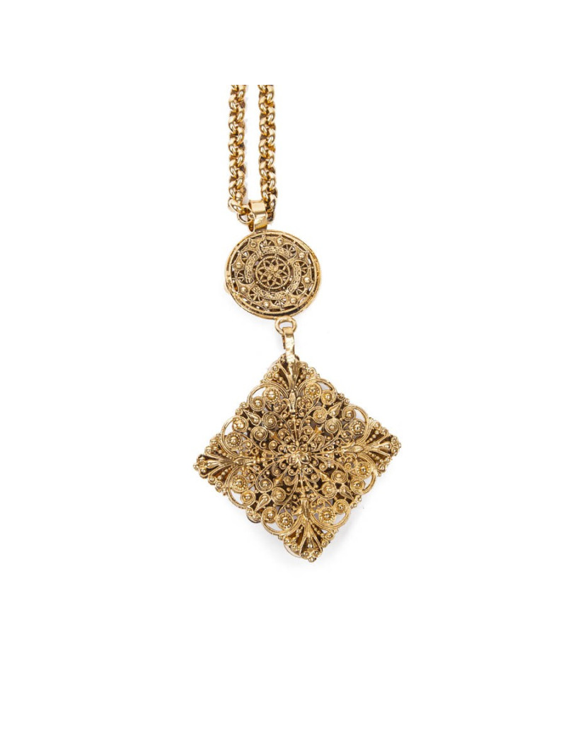 MARGUERITE DE VALOIS long necklace couture in gold plated metal and pendant in molten glass