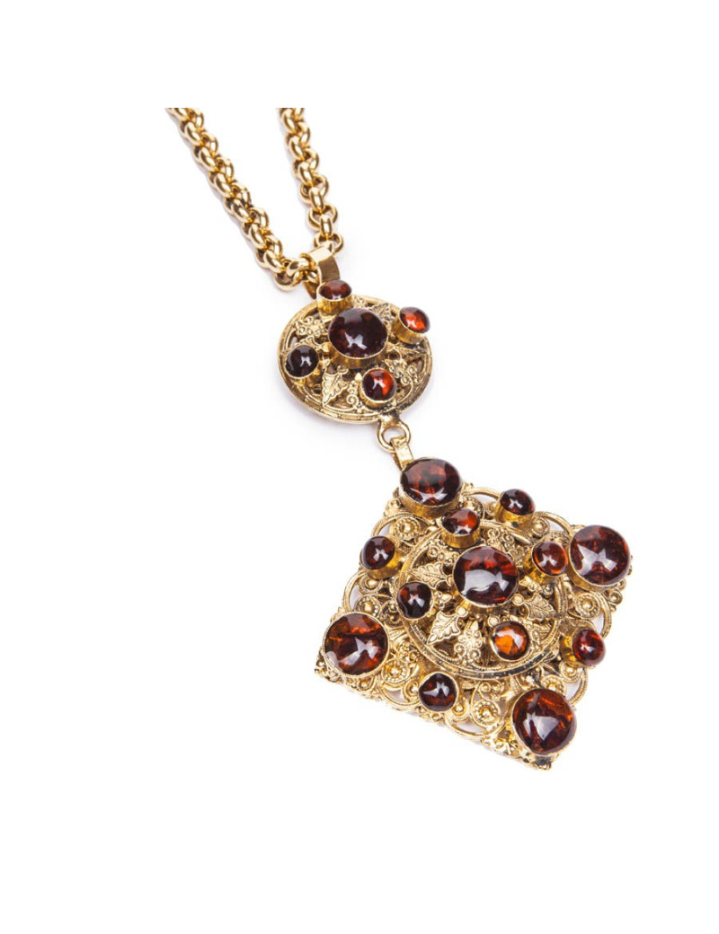 MARGUERITE DE VALOIS long necklace couture in gold plated metal and pendant in molten glass