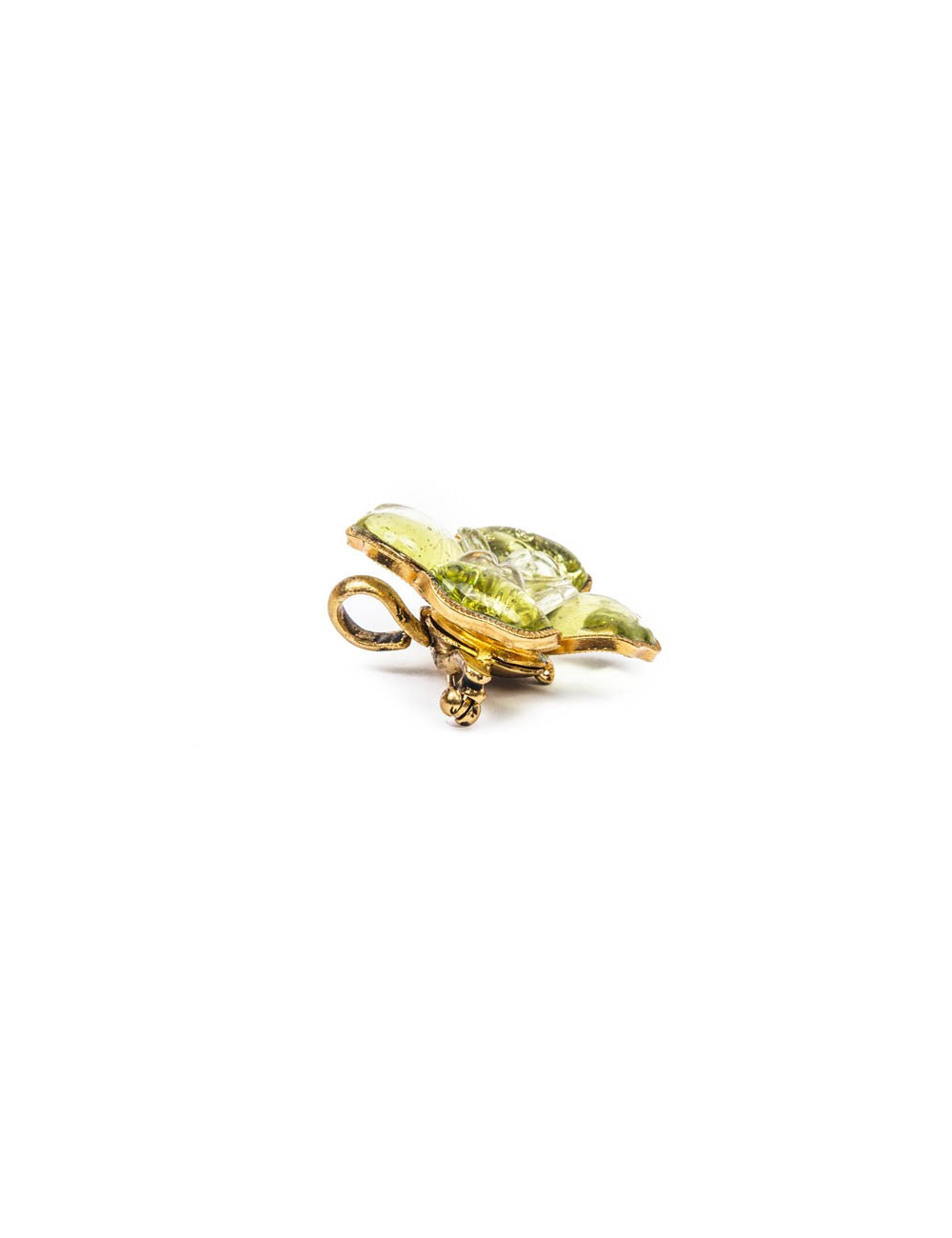 CHANEL camélia brooch in gilded metal and green molten glass