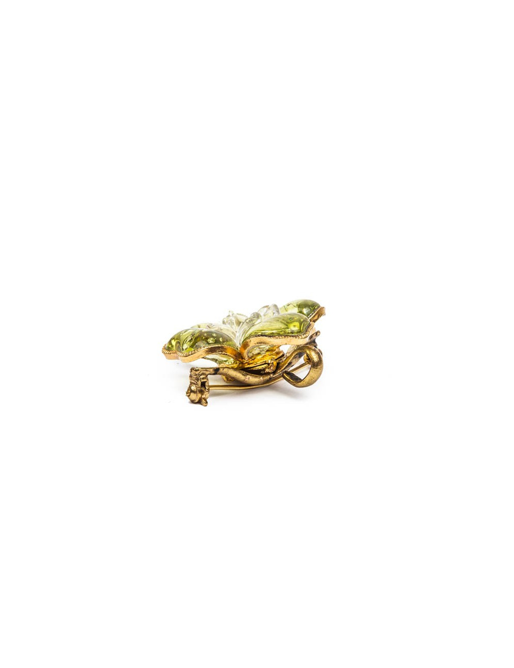 CHANEL camélia brooch in gilded metal and green molten glass