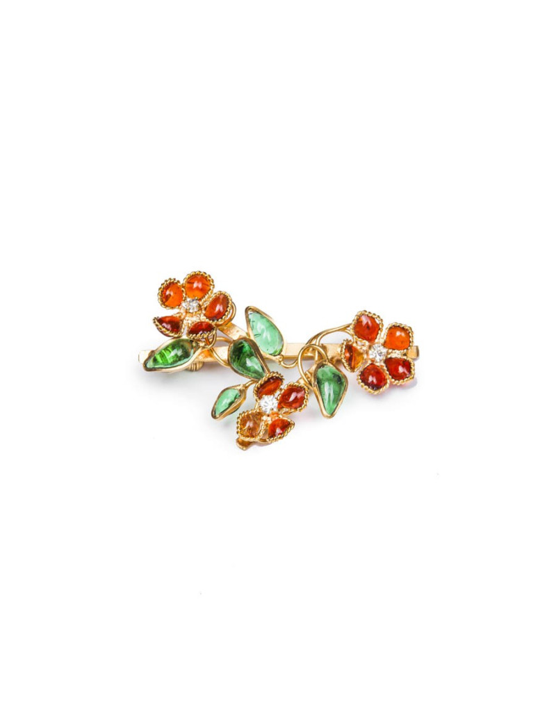 Broche MARGUERITE DE VALOIS pâte de verre orange et vert 