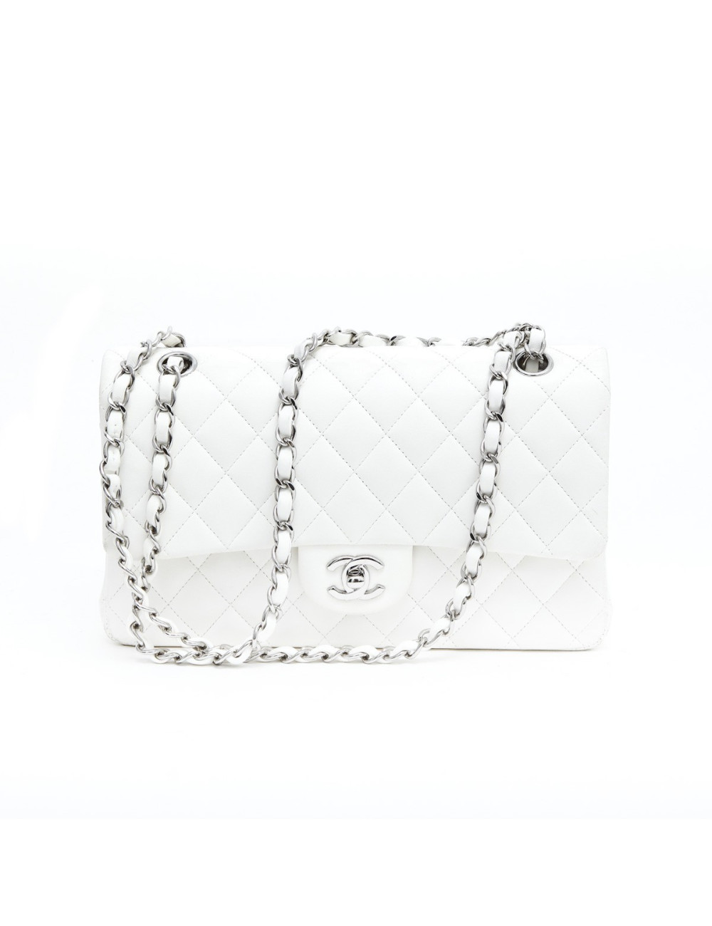 Sac timeless CHANEL cuir d'agneau blanc matelassé