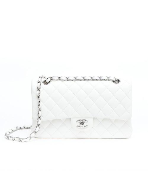 Sac timeless CHANEL cuir d'agneau blanc matelassé