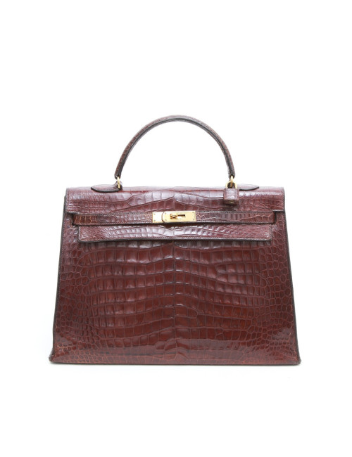 Kelly 35 HERMES cuir crocodile porosus marron Vintage