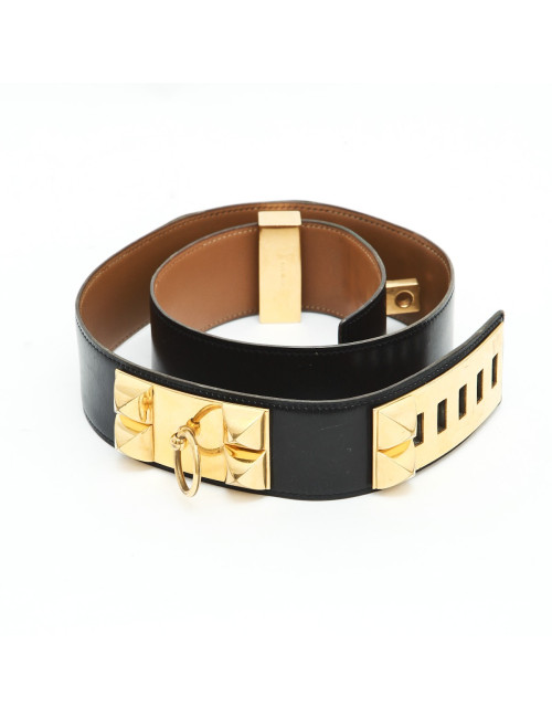 Ceinture HERMES médor en cuir noir et accastillage doré