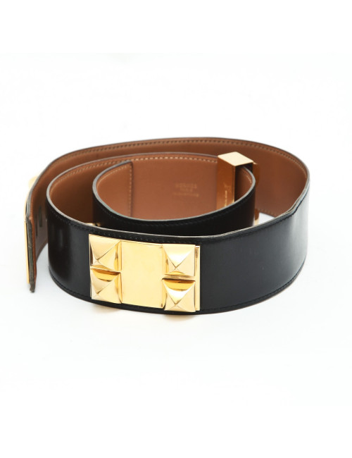 Ceinture HERMES médor en cuir noir et accastillage doré