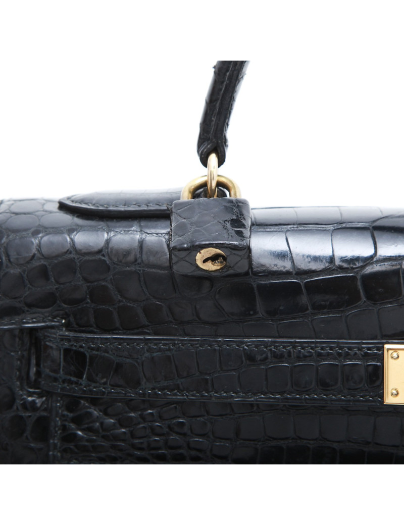 Sac Kelly 32 HERMES en crocodile porosus noir  Vintage