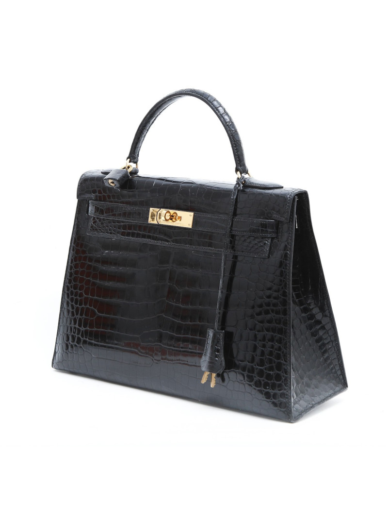Sac Kelly 35 HERMES en crocodile porosus noir  Vintage
