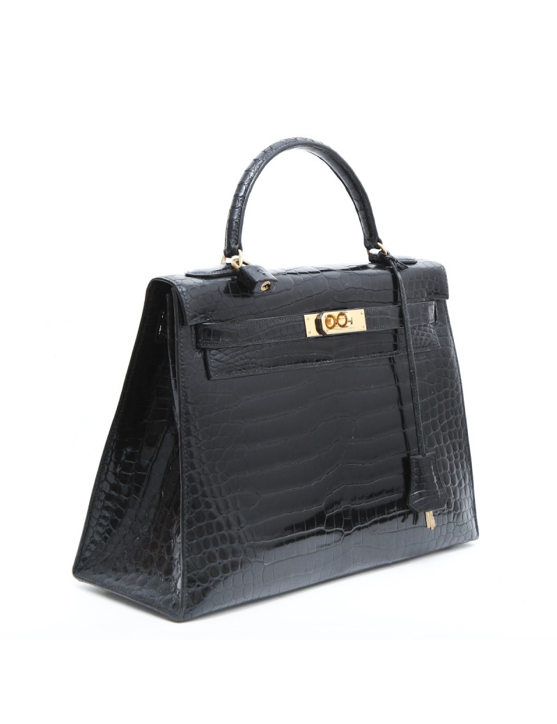 Sac Kelly 35 HERMES en crocodile porosus noir  Vintage