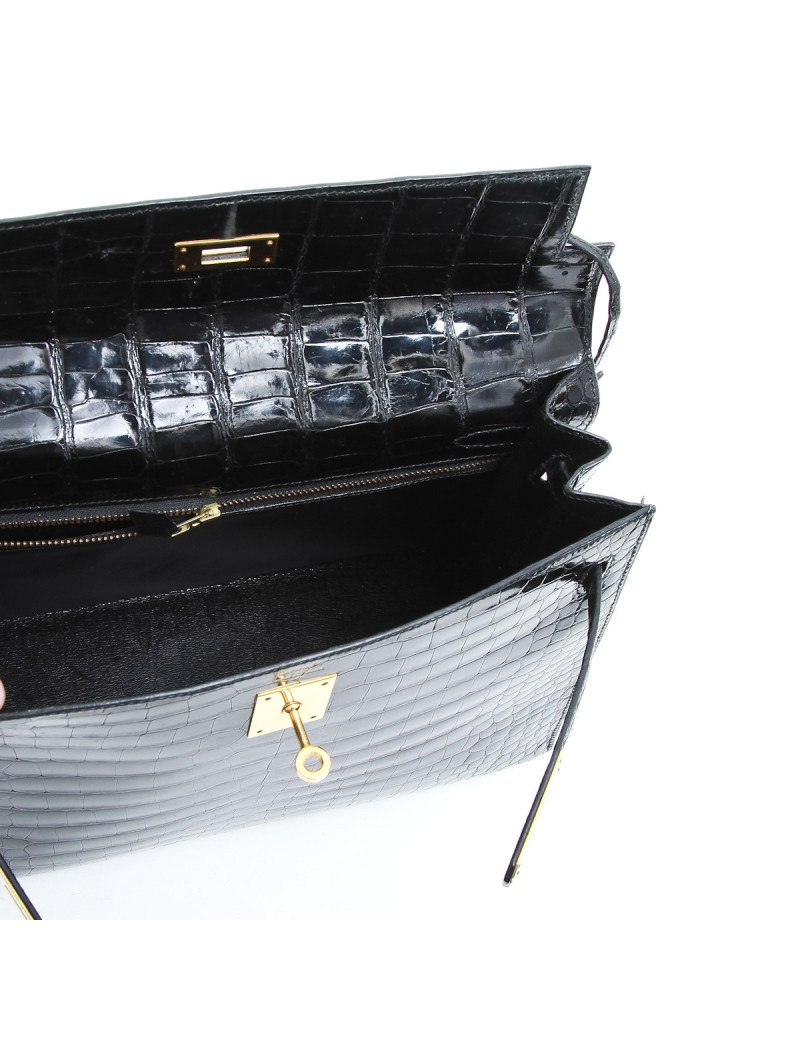 Sac Kelly 35 HERMES en crocodile porosus noir  Vintage