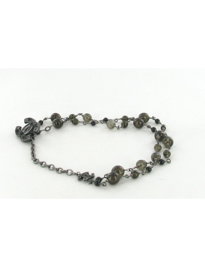 Ceinture-sautoir CHANEL en métal argenté et perles