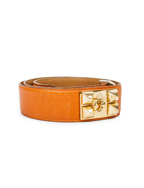 Ceinture HERMES médor en cuir orange et accastillage doré