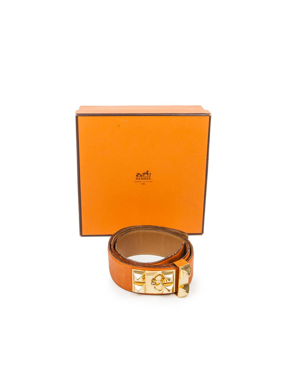 Ceinture HERMES médor en cuir orange et accastillage doré
