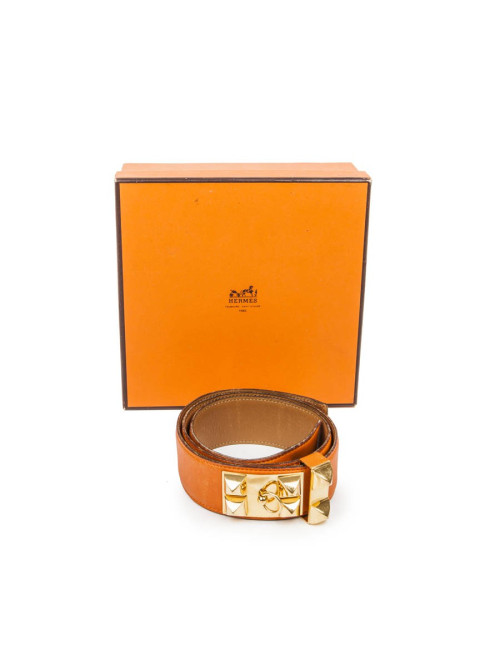 Ceinture HERMES médor en cuir orange et accastillage doré