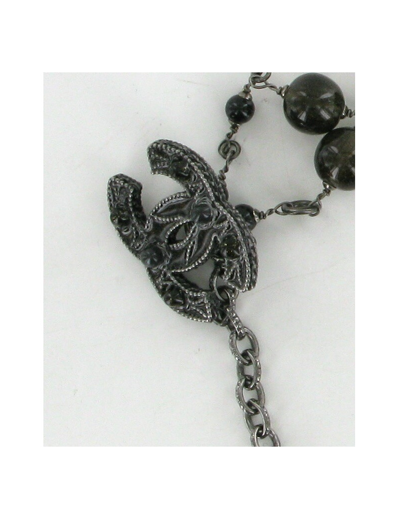 Ceinture-sautoir CHANEL en métal argenté et perles