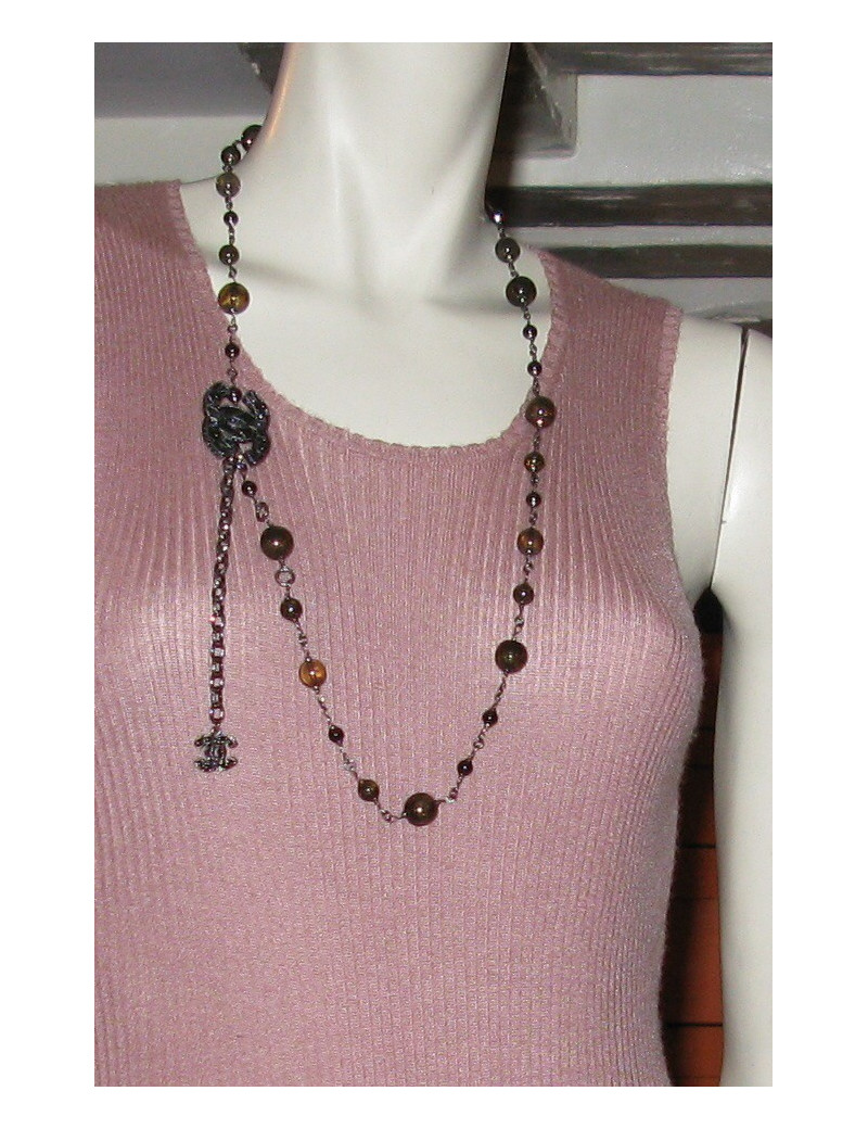 Ceinture-sautoir CHANEL en métal argenté et perles