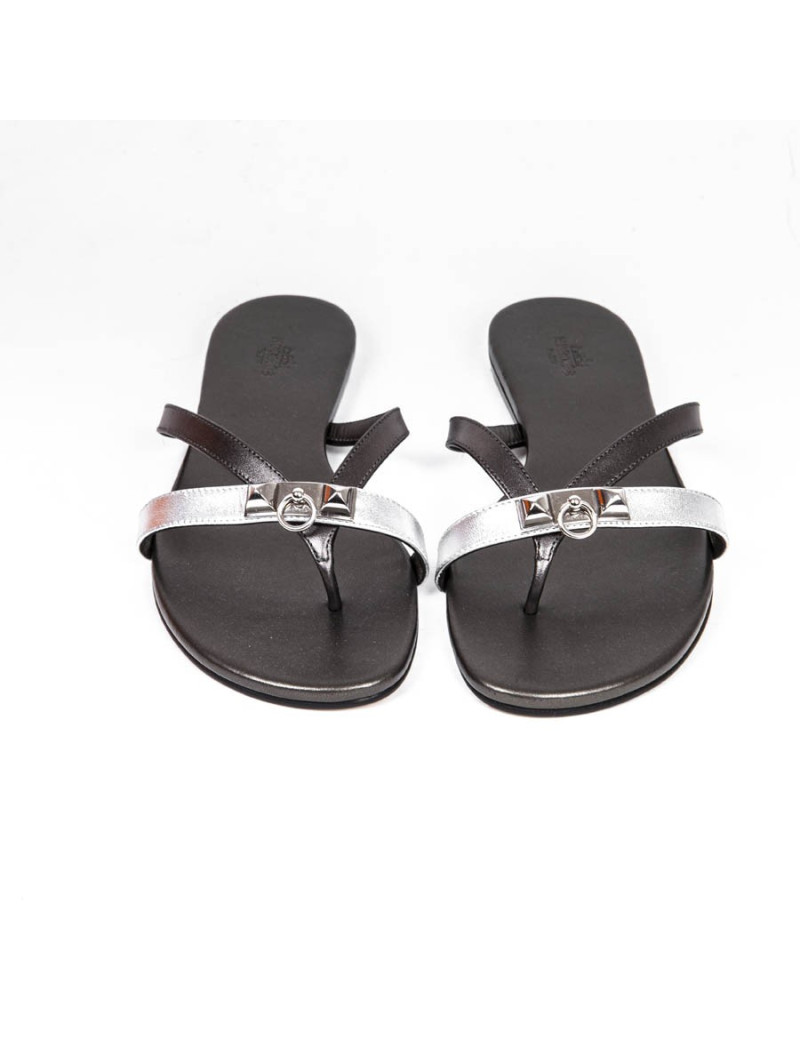 HERMES Size 38 'Corfu Nappa' sandals in metallic gunmetal and silver leather