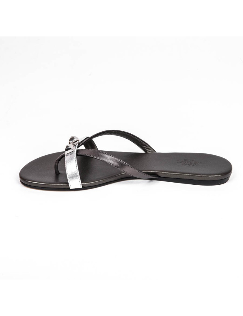 HERMES Size 38 'Corfu Nappa' sandals in metallic gunmetal and silver leather