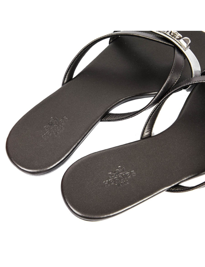 HERMES Size 38 'Corfu Nappa' sandals in metallic gunmetal and silver leather