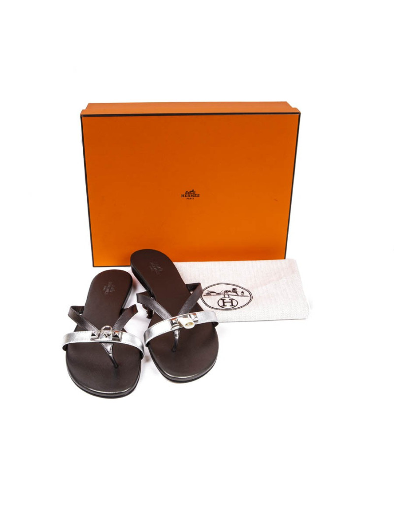 HERMES Size 38 'Corfu Nappa' sandals in metallic gunmetal and silver leather