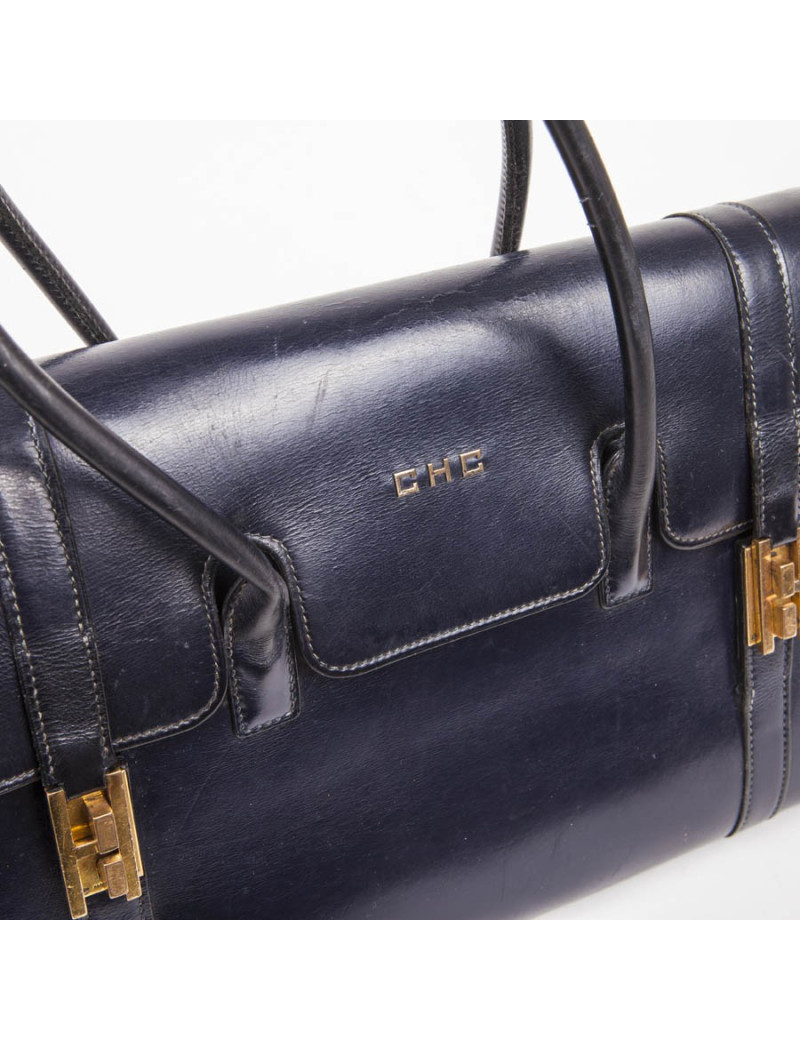 Sac Drag HERMES cuir box bleu nuit Vintage