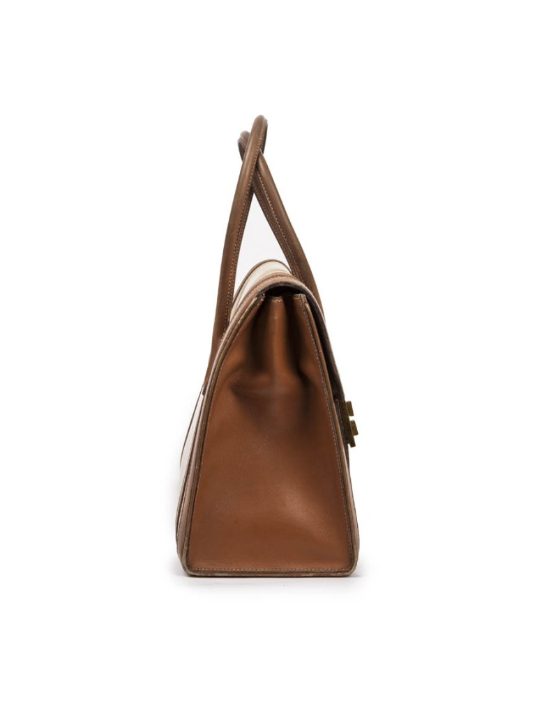 Vintage HERMES Flap Bag 'Drag' in Beige Canvas and Gold Leather