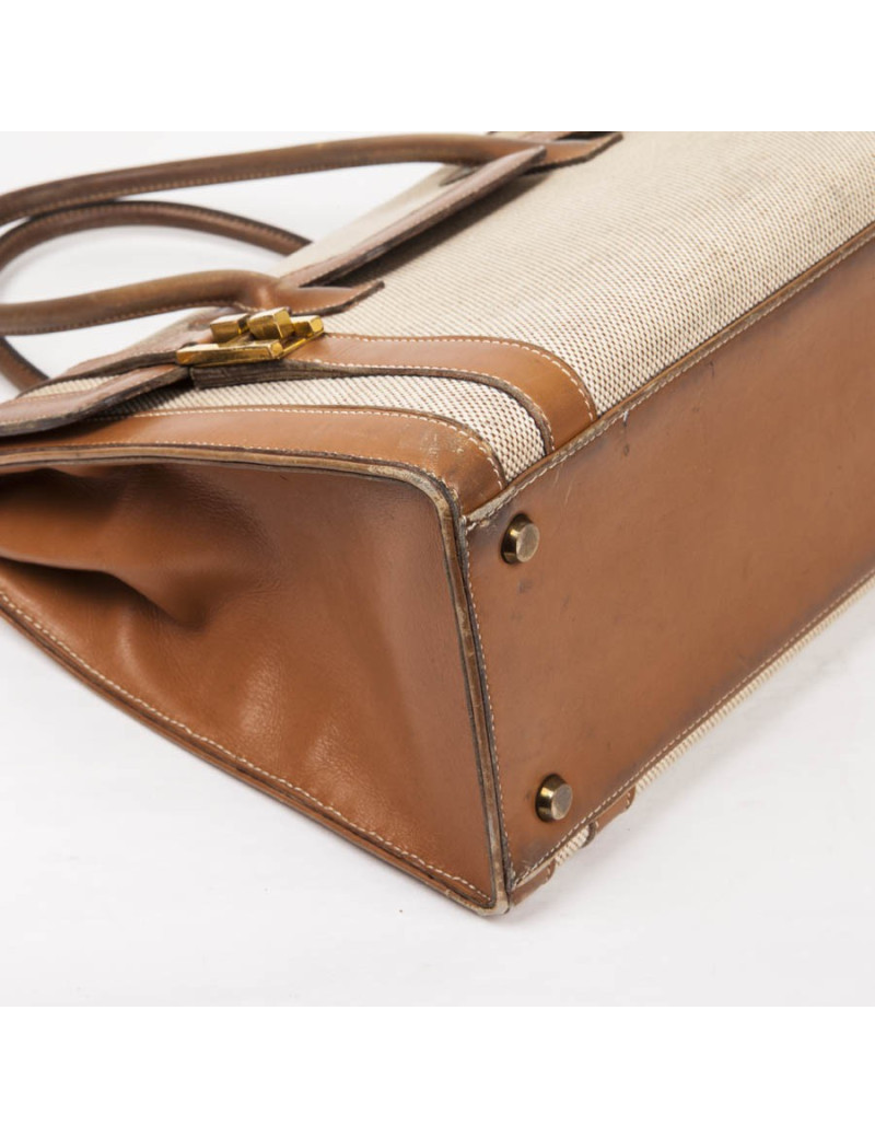 Vintage HERMES Flap Bag 'Drag' in Beige Canvas and Gold Leather