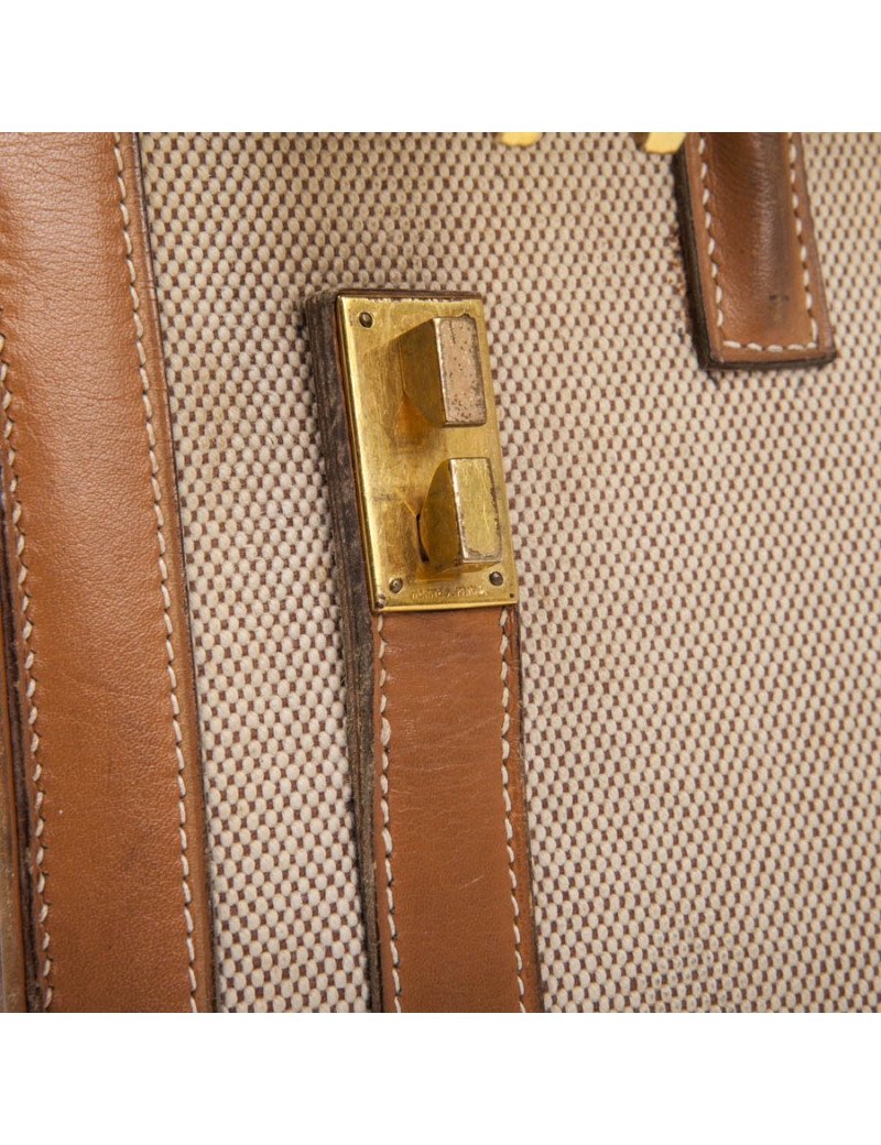 Vintage HERMES Flap Bag 'Drag' in Beige Canvas and Gold Leather