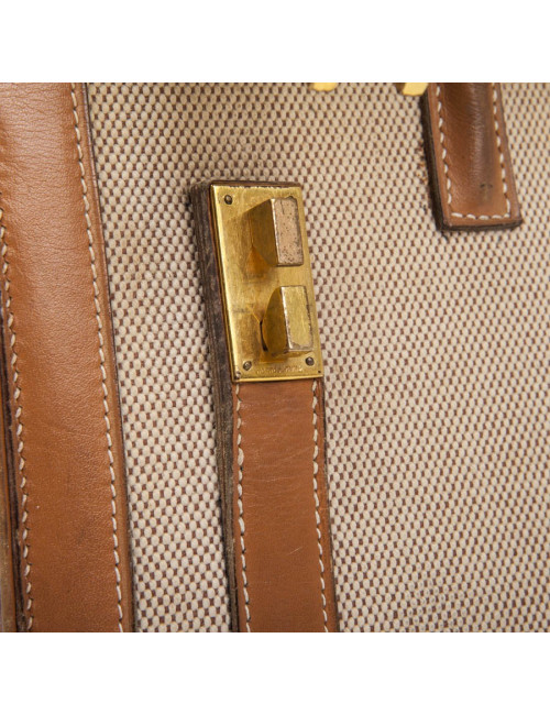 Vintage HERMES Flap Bag 'Drag' in Beige Canvas and Gold Leather