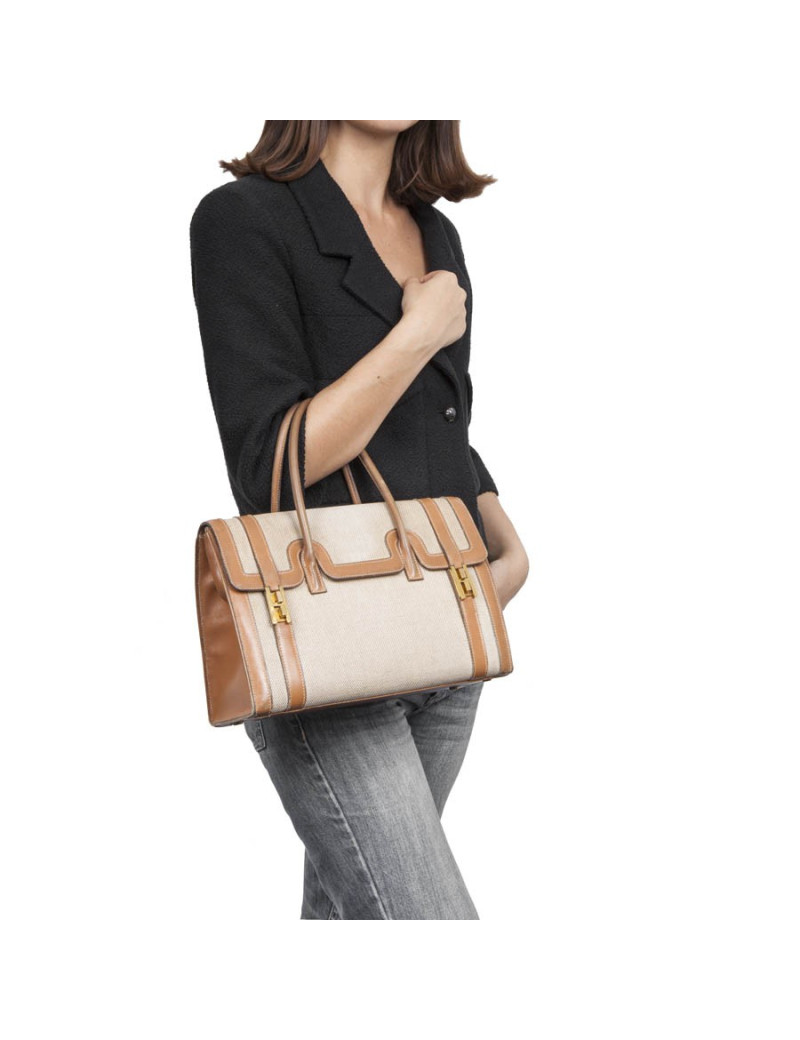 Vintage HERMES Flap Bag 'Drag' in Beige Canvas and Gold Leather