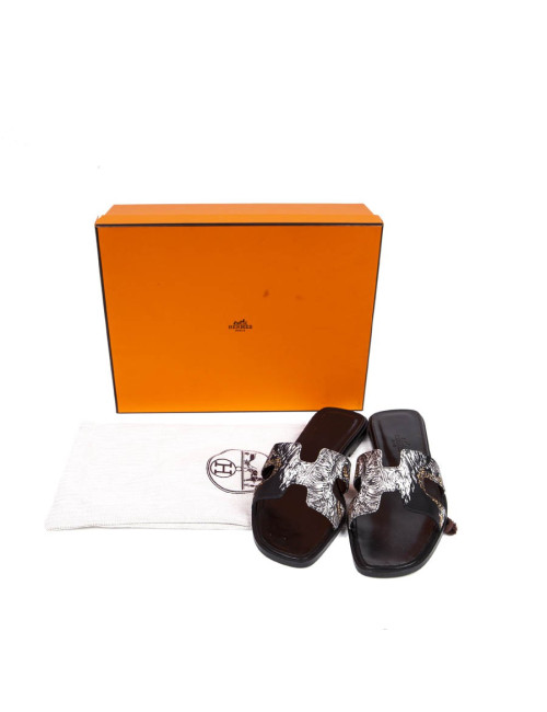 Sandales ORAN T 37 UE plates HERMES en toile imprimée jungle