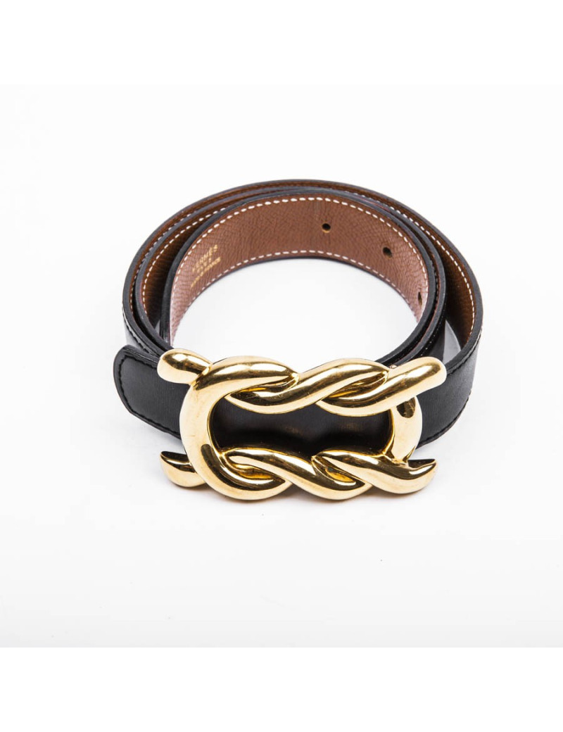 Ceinture T 75 HERMES  en cuir box noir et  boucle noeud marin dorée